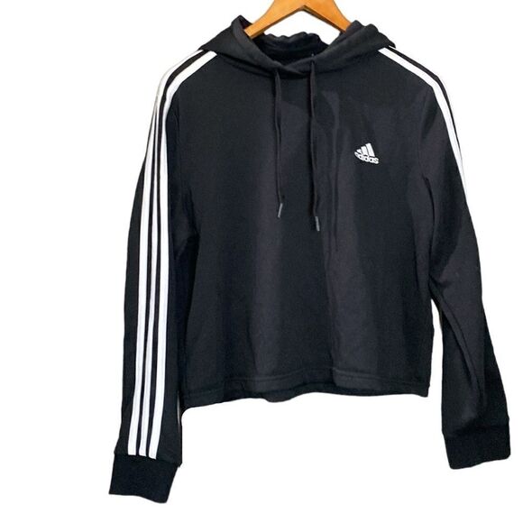 ADIDAS Sweatshirt Short Woman Cotton Cropped Hoodie Sweatshirt Black White - Picture 4 of 13